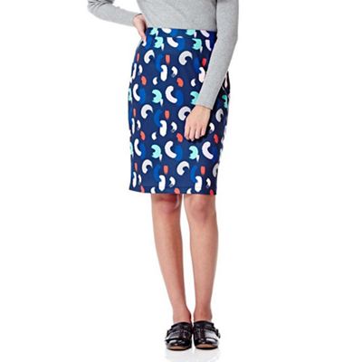 Yumi Blue Pencil Skirt With Brush Stroke Print